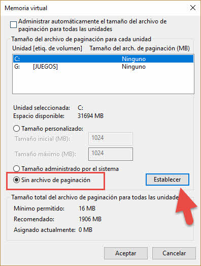 Desactivar memoria virtual Windows 10