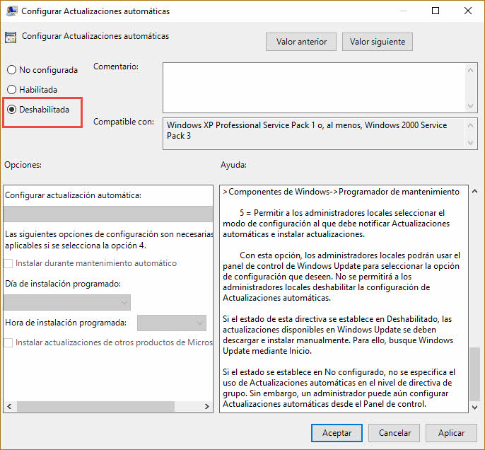 Configurar actualizaciones automáticas Windows 10 2